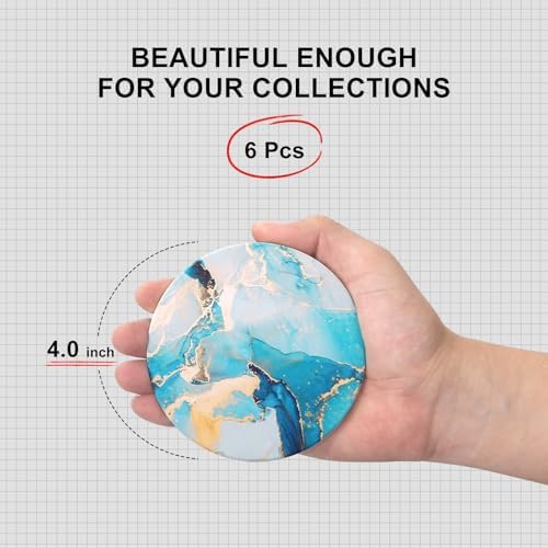 6 Pcs Light Blue Marble Abstract Ceramic Coasters with Holder for Table - Image 4