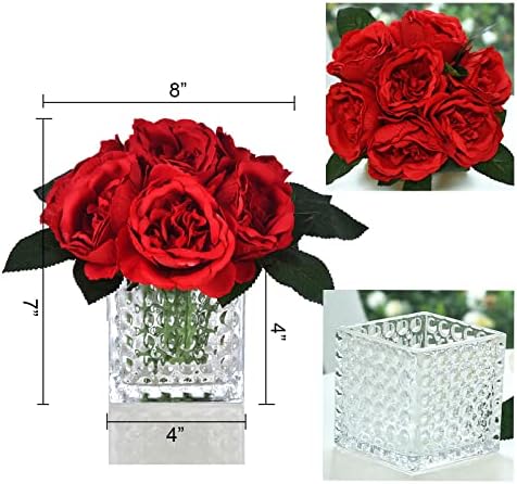 Artificial Peony Silk Flower Centerpieces Faux Floral Arrangement in Glass Vase for Home Wedding Table Decoration (Red) - Image 2
