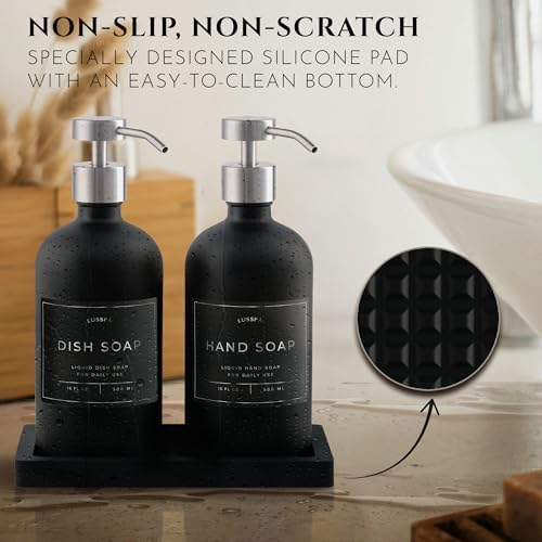 Glass Soap Dispenser Set of 2 (Black) with Silicone Tray | Hand and Dish Soap Dispenser for Kitchen and Bathroom | 16.8 Oz Glass Bottles with Stainless Steel Pump & 15 Waterproof Labels (Black/Silver) - Image 3