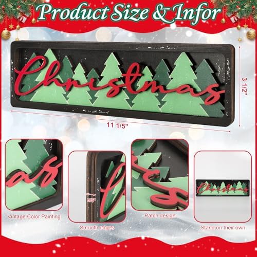 Vintage Christmas Decorations for Office, Home, Table, Mantel, Shelf, Desk, 3 1/2 x 11 Inch Retro Xmas Tree Sign, Wooden Christmas Decor Sign, Farmhouse Red and Green Decoration (Trees) - Image 2