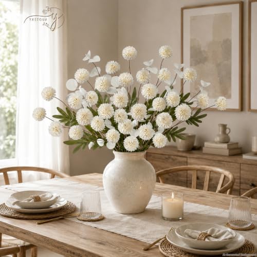24Pcs White Faux Silk Mums Artificial Flowers Bulk with Eucalyptus Stems - Image 4