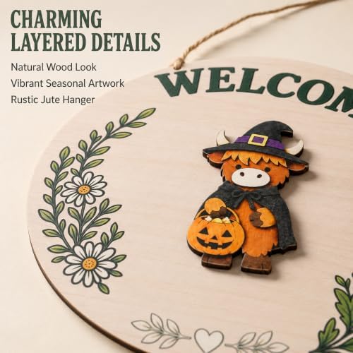 Highland Cow Decor with Seasonal Accents, Interchangeable Welcome Sign for Front Door, 8.8 Inch Welcome Porch Sign, Fall & Halloween Welcome Sign for Home - Image 4