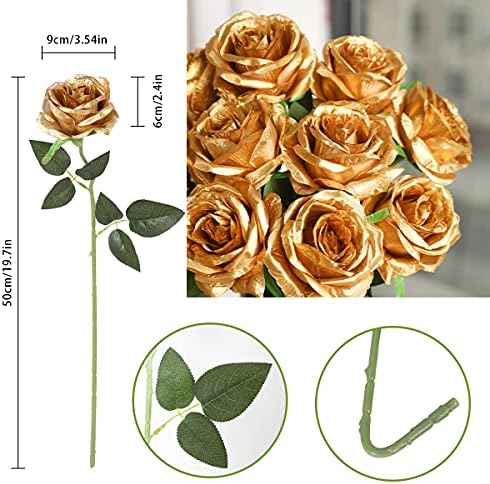 JUSTOYOU 10 PCS Artificial Roses Flowers, Realistic Blossom Roses, Real Touch Silk Rose, Single Fake Flower Long Stem Bouquets for Home Wedding Party Decoration (10Pcs, Gold) - Image 3