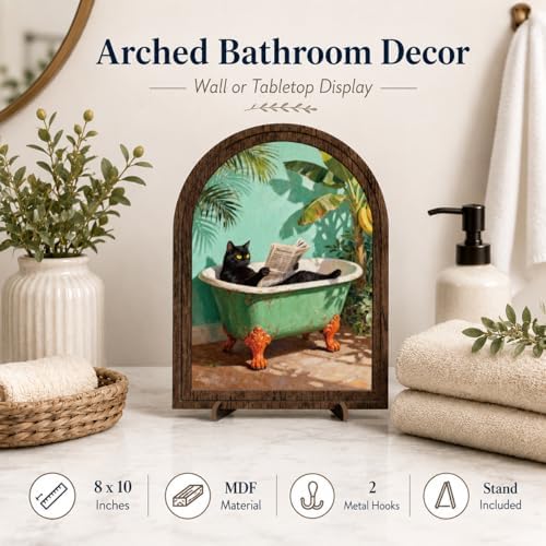 Bathroom Decor Black Cat Tabletop Sign, Wood Frame Sign, Tropical Bath Shelf Decor with Arched Wooden Frame, Funny Cat Bathtub Artwork, Charming Gift for Home and Guest Bathroom - Image 2