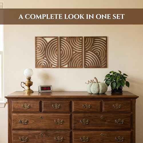 qmmp Modern Wooden Wall Sculptures - Set of 3 - Home Decor Accent - Large Wall Art for Living Room, Bedroom, Office - Easy Installation (Walnut, Medium - Orbit) - Image 2