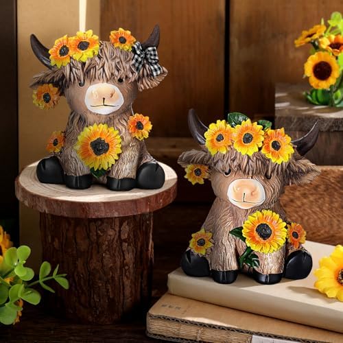 Wesiti 2 Pcs Highland Cow Figurines, Sunflower Resin Statue Desktop Decor - Image 2