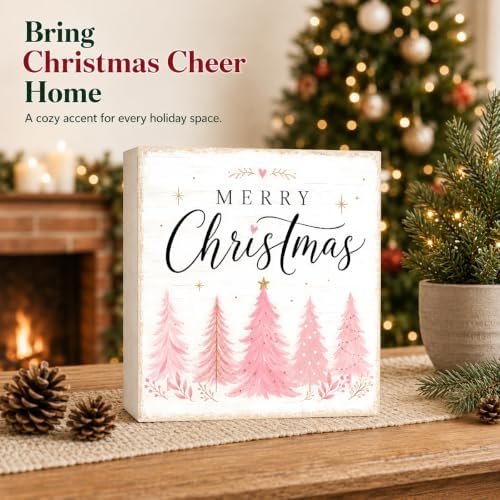 Christmas Decorations Pink Pine Tree Merry Christmas Wood Box Sign - Image 2