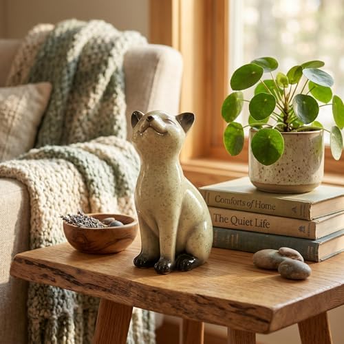 Speckled Resin Cat Figurine, Glossy Sitting Cat Statue, Cream and Black Decorative Cat Sculpture for Bookshelf, Desk, Shelf, Tabletop, Living Room, Office, Bedroom Decor, Gift for Cat Lovers (Cat) - Image 4