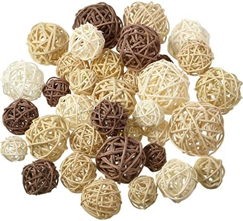 Wicker Ball Orbs,White, Wood Color, Light Tan, Coffee,2.4'',2'',1.6'',1.2'' by Patelai