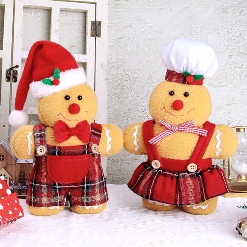 BWFY Set of 2 Christmas Decorations Indoor Gingerbread Man with Chef Hat Bowknot for Christmas Ornament Home Decor Gingerbread Doll for Gift Door Window Table Tree Holiday Xmas Season Decor - Image 4