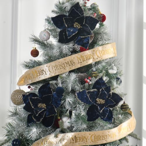 10 Pcs 9.4" Velvet Poinsettia Picks Glitter Artificial Christmas Flower Stems for Xmas Tree Wreath Garland Winter New Year Home Decoration, Navy Blue - Image 3
