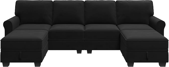 HONBAY Sectional Sofa with Storage Seat Velvet U Shaped Couch with Reversible - Image 8