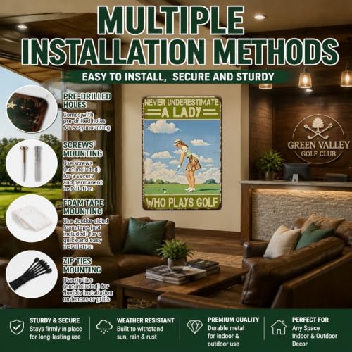 Vintage Golf Metal Sign for Women Never Underestimate A Lady Who Plays Golf Wall Art Poster for Home Clubhouse Man Cave Garage Bar Restaurant Cafe Decor 12x8 Inch - Image 4