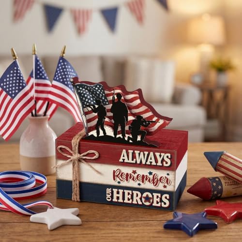 Geelin 4 Pcs Veterans Day Patriotic Table Decoration Wooden Book Stack Sign - Image 2