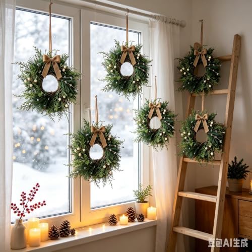 6 Pcs Small 4th of July Hanging Wreaths for Cabinets Patriotic Mini Candle Ring Wreath with Red White Blue Flowers Artificial Independence Day Wreath for Front Door (4, Winter White Berry) - Image 5