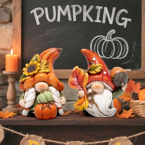 Hodao Fall Gnomes Decorations for Home, Resin Thanksgiving Figurines Decor with Pumpkin, Sunflower & Acorn, Autumn Thanksgiving Harvest Gift for Indoor Table Shelf Decor - 2 Pcs - Image 6