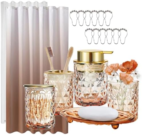 Brown Glass Bathroom Accessories Set with Shower Curtain and Liner, 7-Piece Bathroom Decor Set, Soap Dispenser, Toothbrush Holder, Soap Dish, Vanity Tray, Complete Bathroom Makeover Set by KINUUIS