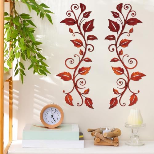 DUOOLN 2Pcs Metal Vine Branch Wall Decor, Flower Leave Art -Vintage Red - Image 2