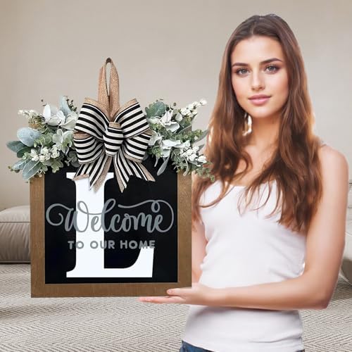 Ultra Large 14'' Last Name All Year Round Front Door Wreath with 26 Initial Letter Welcome Sign All Seasons Eucalyptus Garland and Bow Wreaths for Front Door Porch Farmhouse Decoration (L) by Unknown