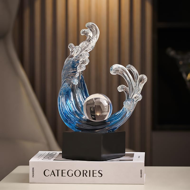 Modern Abstract Decorative Wave Statue, Blue Abstract Art Home Decor,Crystal Ball Art Wave Resin Sculpture, Office Desk Stand, Dining Table Center Decorative Aesthetics (A,Navy-Blue) - Image 6