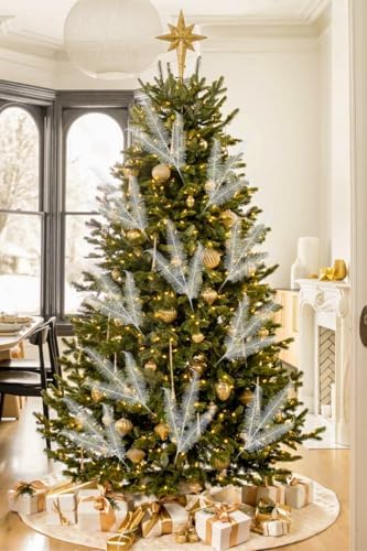 Oairse 8 Pcs Christmas Tree Picks and Sprays White Glitter Christmas Picks 28" Christmas Glitter Feathers Leaves Stems for Christmas Tree Filler Branches Wreaths Centerpieces Holiday Decorations - Image 2