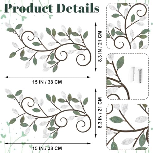 ESTART 2 Pcs Metal Tree Leaf Wall Art Vine Branch Decor,White Green Colors - Image 3