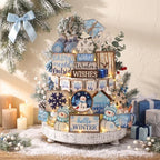 Shellwei 23 Pcs Christmas Tiered Tray Decor Set, Blue Snowman Wood Signs - Image 4
