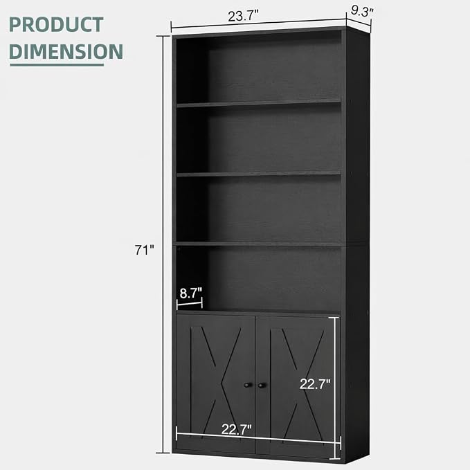 Modern Bookshelf with Doors, Industrial Bookshelves with 6-Tier Shelf, 71 - Image 2