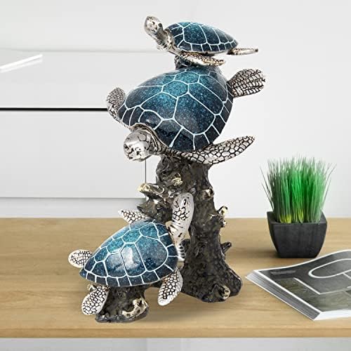 Triple Sea Turtle Statue – Ocean Decor Figurine with Coral Reef Base | Coastal Tabletop Accent in Bronze, Silver & Pacific Blue | Beach House Nautical Room Decoration (9.5" x 7.25") - Image 3