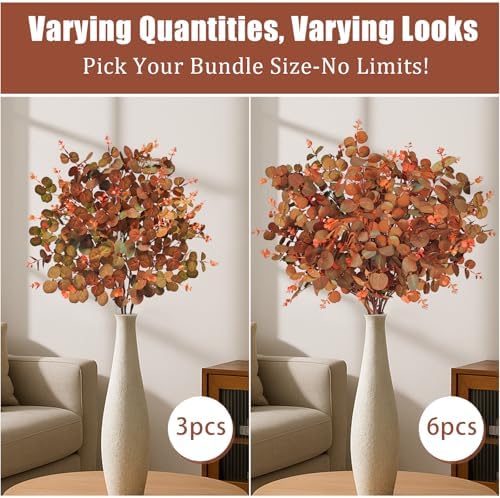3PCS Fall Stems for Vases, Faux Eucalyptus Stems, Orange Brown - Image 5
