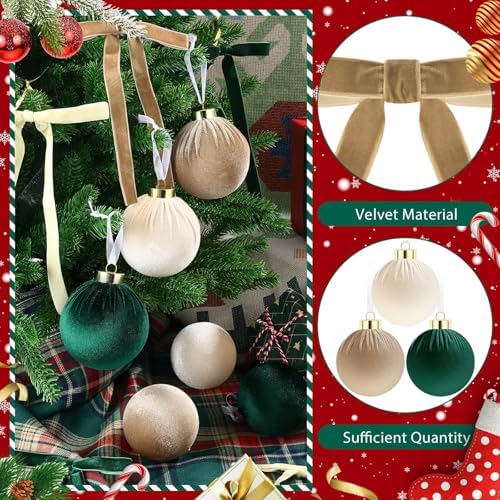 51 Pcs Christmas Velvet Ornaments 15 Pcs Christmas Tree Decor Balls 3.14" 36 Pcs Velvet Vintage Ribbon Bows 5/8" Wide 6 * 8" for Xmas Tree Hanging Decorations Home Indoor Decor (Three Colors) - Image 3