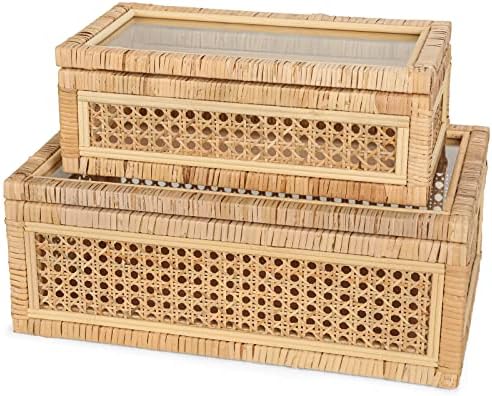 Large Handwoven Boho Rattan Display Boxes with Glass Lids Set of 2 by SUJUN
