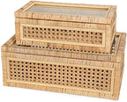 Large Handwoven Boho Rattan Display Boxes with Glass Lids Set of 2 by SUJUN