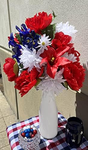 Admired by Nature 24 Stems 2pcs Artificial Flower Peony Lily Mum Patriotic Memorial Bouquet Cemetery Decorations for Grave, Spring Faux Flower Arrangement, Veterans, Independence Day, Red White Blue - Image 4