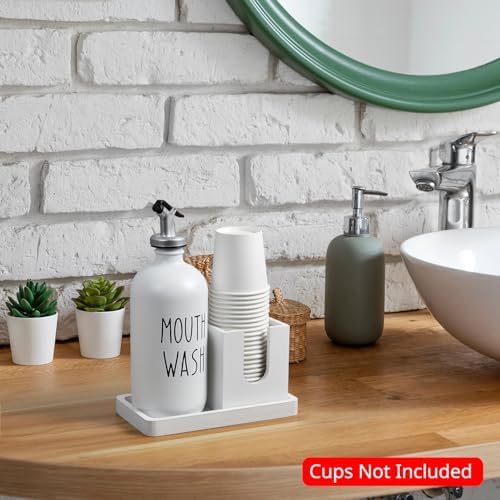 Glass Mouthwash Dispenser for Bathroom, 16 OZ Mouthwash Dispenser with Pour Spout and Wood Cup Holder and Tray, Mouth Wash Bottle Container, Farmhouse Kitchen Bathroom Decor and Accessories, White - Image 2