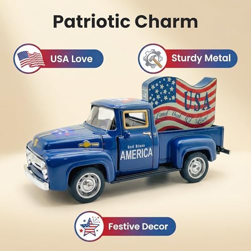 4th of July Decorations, 5.7 Inch Patriotic Blue Metal Truck Decor with God Bless America Sign, Farmhouse Tabletop Centerpiece for Memorial Day and USA 250th Anniversary - Image 4