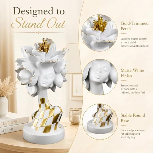 Lescafita White and Gold African Lady Sculpture – Elegant Resin Figurine with Floral Crown, Modern African Art Decor for Living Room, Cultural Gift for Women - Image 2
