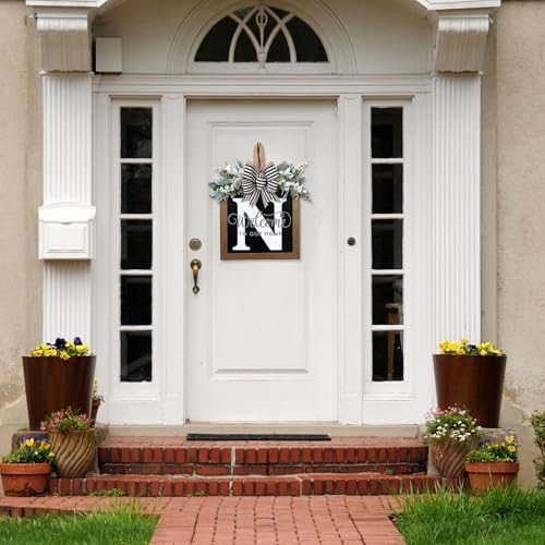 Ultra Large 14'' Last Name All Year Round Front Door Wreath with 26 Initial Letter Welcome Sign All Seasons Eucalyptus Garland and Bow Wreaths for Front Door Porch Farmhouse Decoration (N) - Image 3