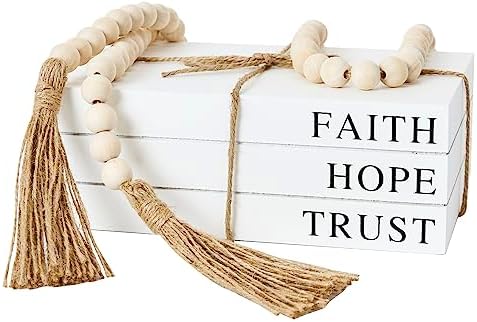 Decorative Books for Home Decor, White Faux Books for Decoration, Rustic Farmhouse Stacked Display Books (Faith, Hope, Trust) by OMISHE