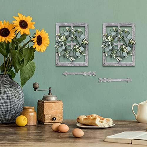 WAKOSAN Rustic Wood Window Frame Wall Decor with Wreath & Arrows, Set of 2 - Image 6