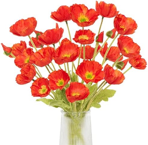 Artificial Poppies, Red Silk Poppies Artificial Flowers - 24x Blooming California Poppy Flower Artificial Plus 8X Buds for Home Decoration, RDRD8 by Glamrce