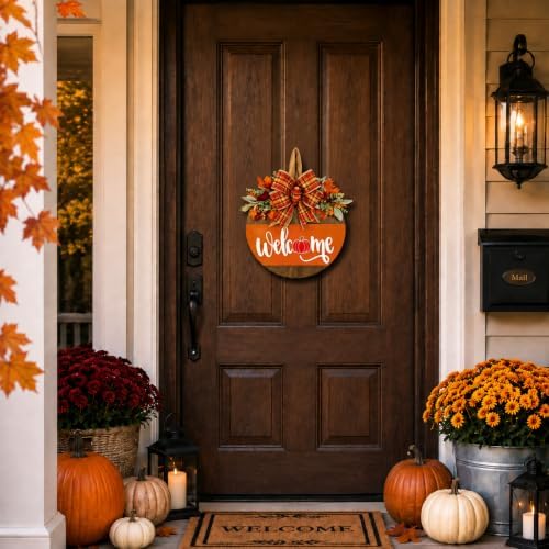 Fall Door Sign for Front Door, Wooden Welcome Hanger with Pumpkin Design, Plaid Bow and Autumn Leaves, Porch Entry Decor, Harvest Wreath Accent, Thanksgiving Decorations for Home and Covered Porch - Image 2