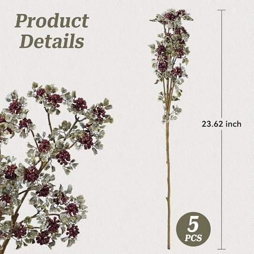 5 Pcs 23.62 Inch Burgundy Berry Stems, Fake Plants Summer Faux Berry Stems Branches Artificial Sedum Berry Spray Picks for Vase Home Farmhouse Garden Wedding DIY Decorations - Image 2