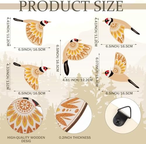 Barydat 5 Pcs Wooden Bird Wall Art Decor folk Birds Art Decor,Yellow - Image 2