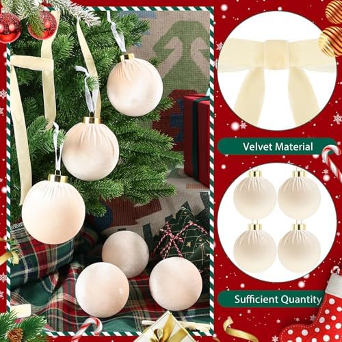 51 Pcs Christmas Velvet Ornaments 15 Pcs Christmas Tree Decor Balls 3.14" 36 Pcs Velvet Vintage Ribbon Bows 5/8" Wide 6 * 8" for Xmas Tree Hanging Decorations Home Indoor Decor (White) - Image 3