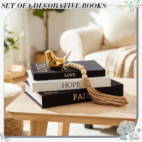 Faccito Set of 3 Linen Decorative Books Set Includes Gold Bird and Wooden Beaded Tassel Elegant Aesthetic Fake Books for Coffee Table Shelf Mantel Storage Boxes for Home Decor(Classic Colors) - Image 4