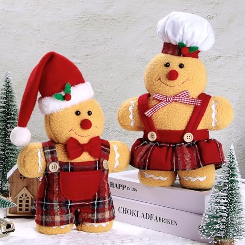 BWFY Set of 2 Christmas Decorations Indoor Gingerbread Man with Chef Hat Bowknot for Christmas Ornament Home Decor Gingerbread Doll for Gift Door Window Table Tree Holiday Xmas Season Decor - Image 3
