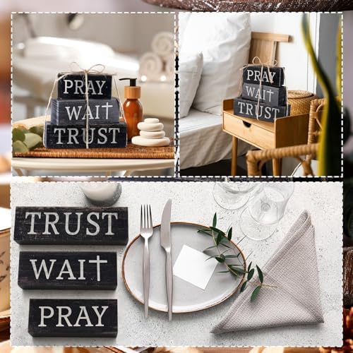 CroBlissful 4 Pcs Farmhouse Wooden Table Decor Christian Tiered Tray Decorations Rustic Religious Gift Block Sign Pray Wait Trust Table Centerpiece for Home Kitchen Living Room Shelf Mantle - Image 6