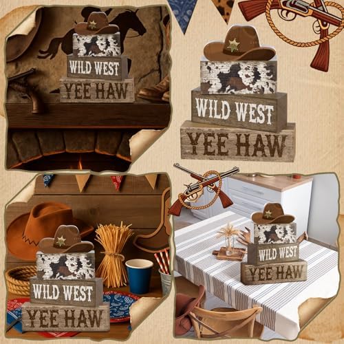 Yuntau 4 Pcs Western Cowboy Table Decor Wooden Block Signs Cowboy Hat Set - Image 6