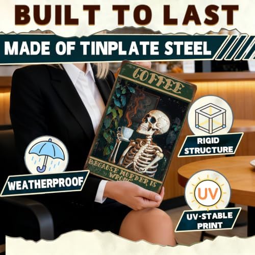 Vintage Coffee Skull Metal Tin Sign Funny Gothic Coffee Bar Wall Decor Retro Skeleton Kitchen Sign for Coffee Nook Cafe Home Restaurant Office Spooky Decor 12x16 Inch - Image 3